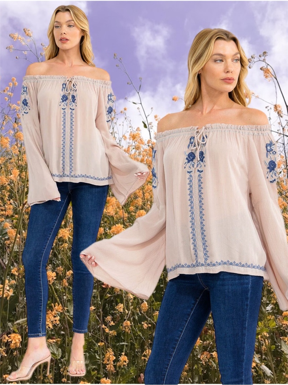 Talori Road Trip Revival Peasant Tunic Embroidered Bohemian Cream Blue New Small